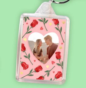 Pink Heart & Roses Photo Keyring